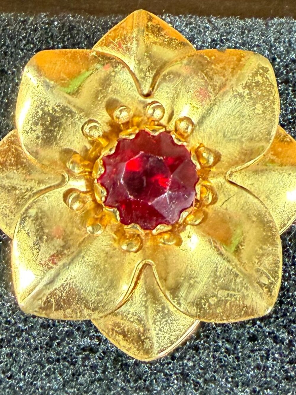 Vintage 1960s Gold Tone Flower Brooch Red Rhinestone Textured Petal Pin Retro